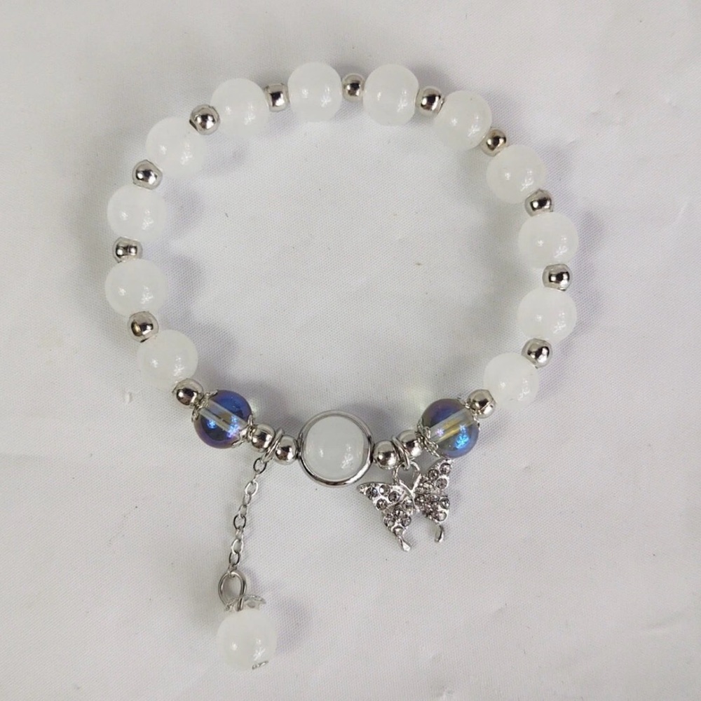 Butterfly & White/Iridescent Glass Bead Charm Bracelet- Boutique